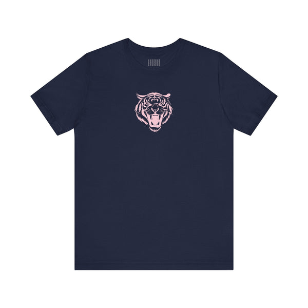 Navy tee with pink pastel mid-scale retro roaring tiger graphic on front