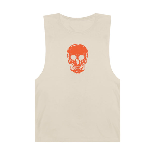 Beige grunge inspired tank top with bold orange skull graphic and raw sleeve edges