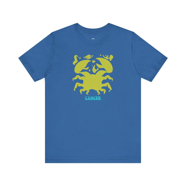 Blue zodiac t shirt with lime-green Cancer zodiac crab graphic and cosmic elements designed by Sandra Oles