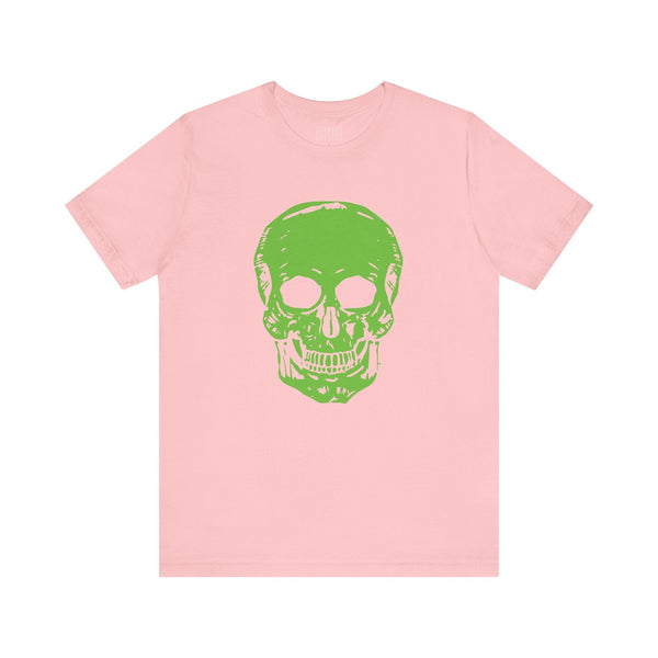 Pink t-shirt with a bold green skull jumbo print front graphic, casual streetwear style.