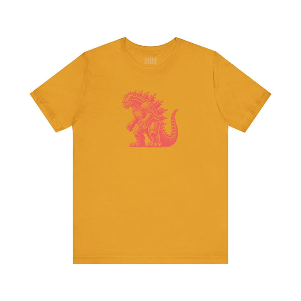 Mustard yellow Kaiju t shirt featuring a detailed red Godzilla graphic for monster movie fans.