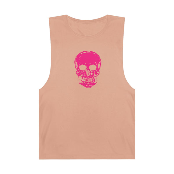 Pink skull tank top with bold pink skull graphic on a soft pink muscle tee, edgy streetwear style.