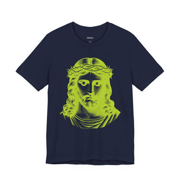 Navy blue t-shirt with jumbo lime green Jesus graphic and ribbed collar, made of breathable premium cotton.