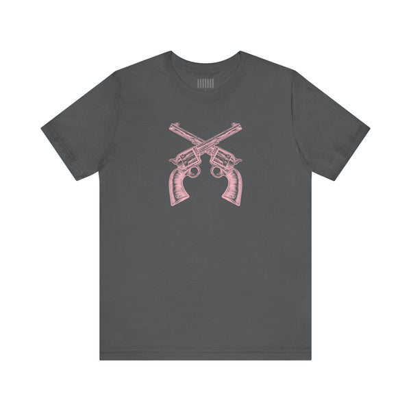 Dark gray unisex outlaw t shirt with pink vintage crossed pistols graphic on front