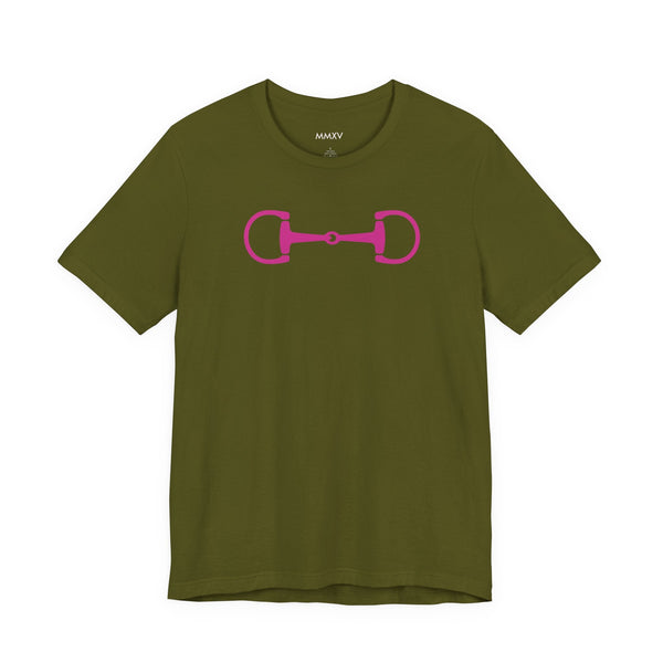 Olive green t-shirt with hot pink horse bit graphic, equestrian clothing style