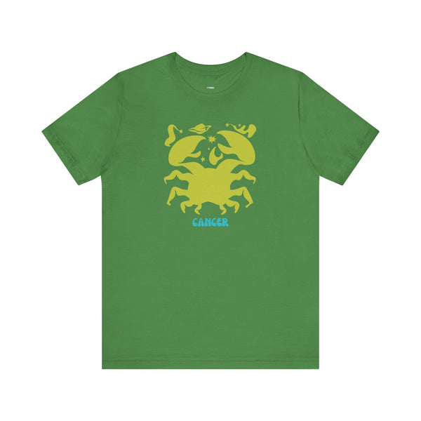 Green Cancer zodiac t shirt with a retro lime-green crab and celestial design by Sandra Oles