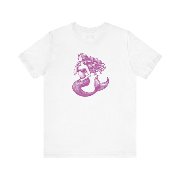 White unisex t-shirt with magenta mermaid siren graphic print mermaid t shirt