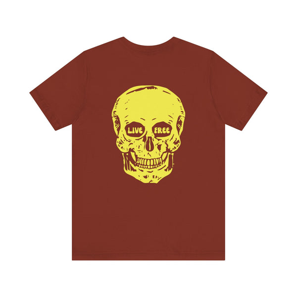Indie style brown tee with jumbo yellow skull and "LIVE FREE" text in eye sockets back print