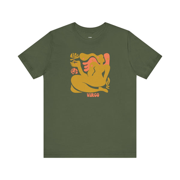 Olive green unisex tee with artistic golden and pink Virgo zodiac silhouette design and "Virgo" text.
