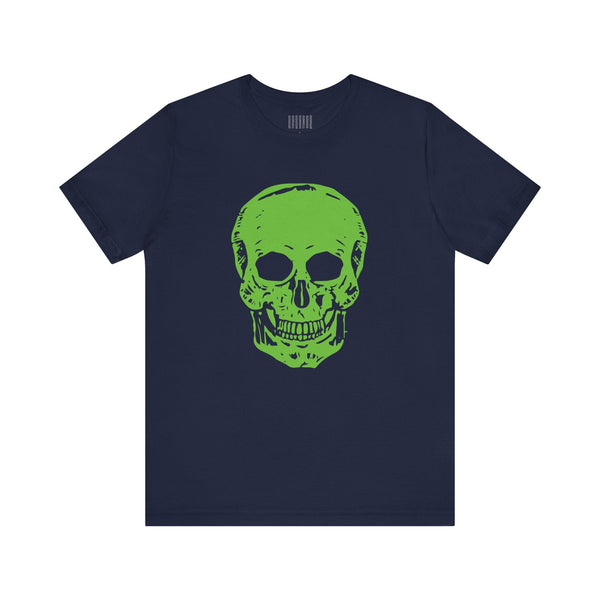 Navy t-shirt with bold neon green large skull graphic on front, punk rock style tee
