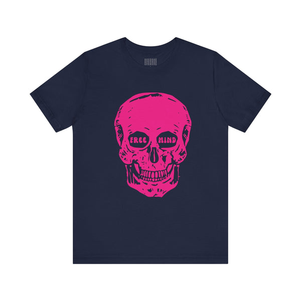 Navy festival-style t-shirt with a bold jumbo pink skull graphic featuring the words "FREE" and "MIND" in the eye sockets.