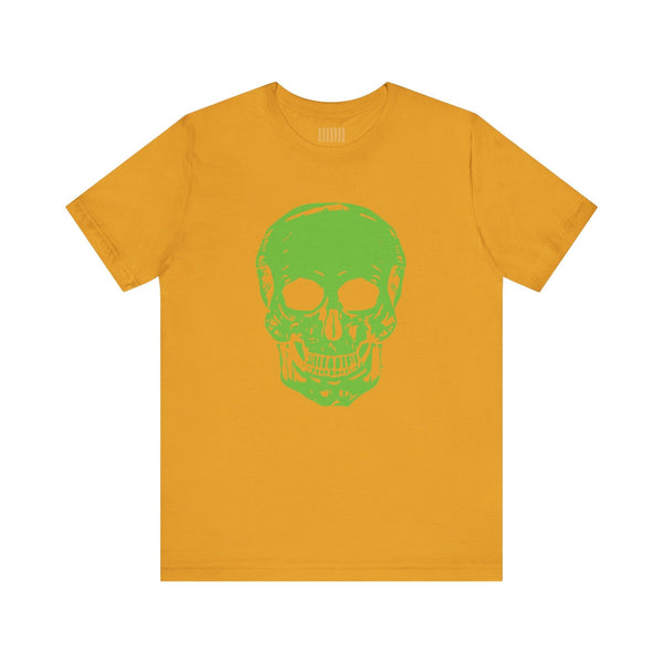 Mustard yellow t-shirt with a bold green skull jumbo print front graphic, casual streetwear style.