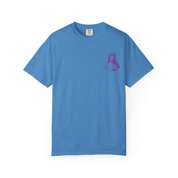 Blue unisex Christian streetwear t-shirt with small purple Jesus graphic on left chest