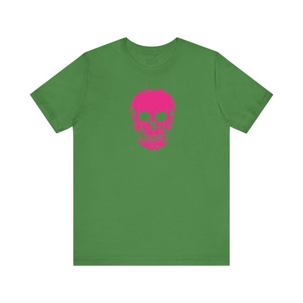 Green unisex jersey t-shirt with a vibrant pink skull design on the front