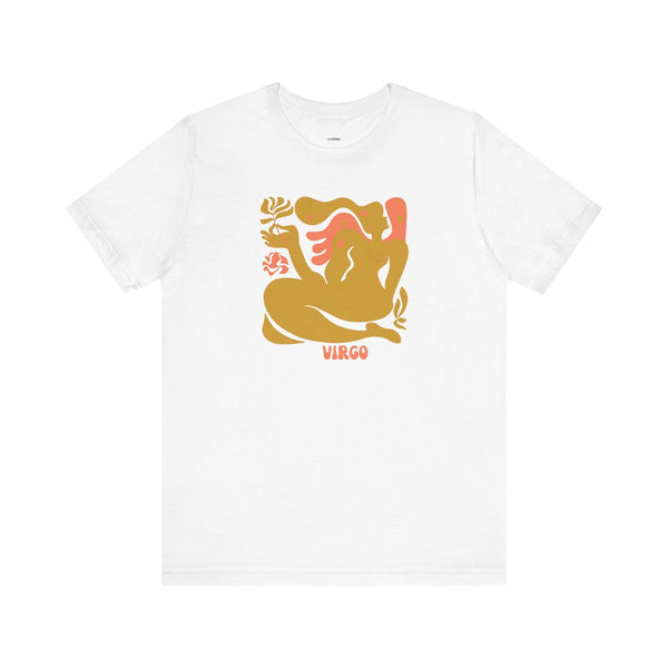 White Virgo zodiac tee with golden and pink artistic maiden silhouette and floral design.