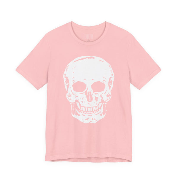Pink t-shirt with large white skull graphic front print, premium cotton streetwear style