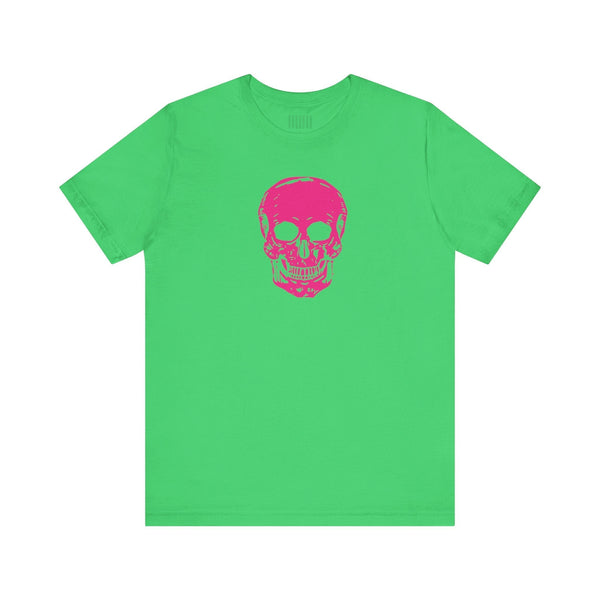 Green unisex short sleeve tee with vibrant pink skull graphic on front by Sandra Oles