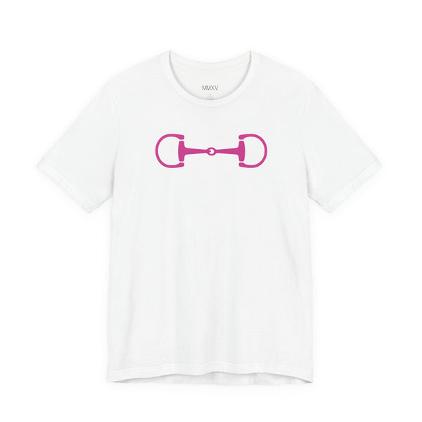 White graphic tee with hot pink horse bit design, equestrian clothing style