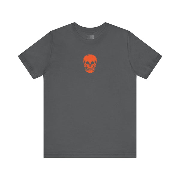 Dark gray streetwear t-shirt with a skull graphic on the chest