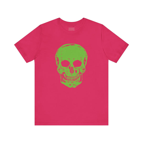 Bold streetwear t-shirt with oversized green skull graphic on pink cotton tee