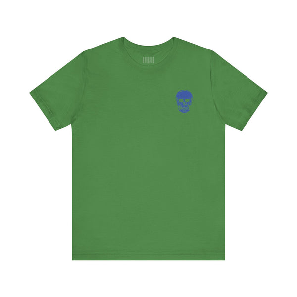 Green rocker tee with mini blue skull