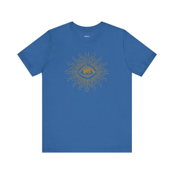 Blue third eye graphic t-shirt with gold spiritual frequency design and radiant rays, made of soft breathable cotton.
