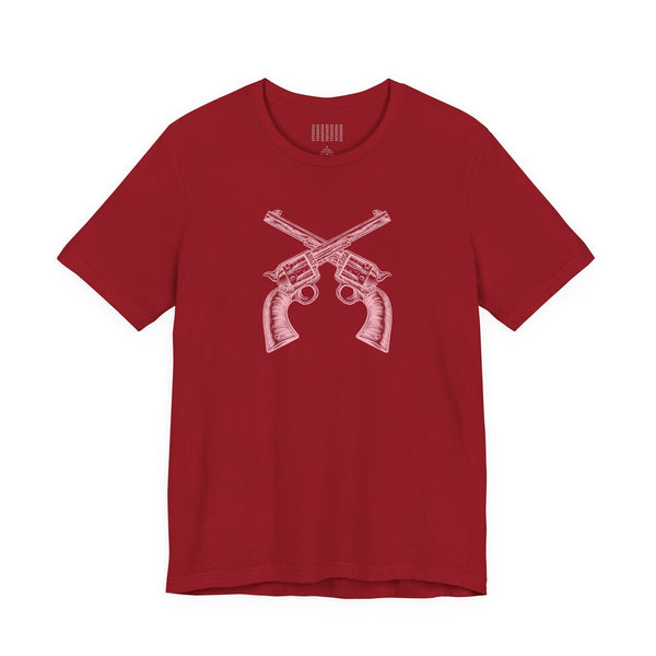 Red vintage outlaw t shirt with crossed pistols graphic print