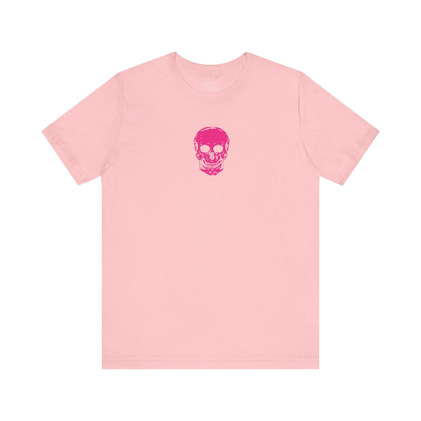 pink t-shirt with centered vivid pink skull graphic in streetwear style
