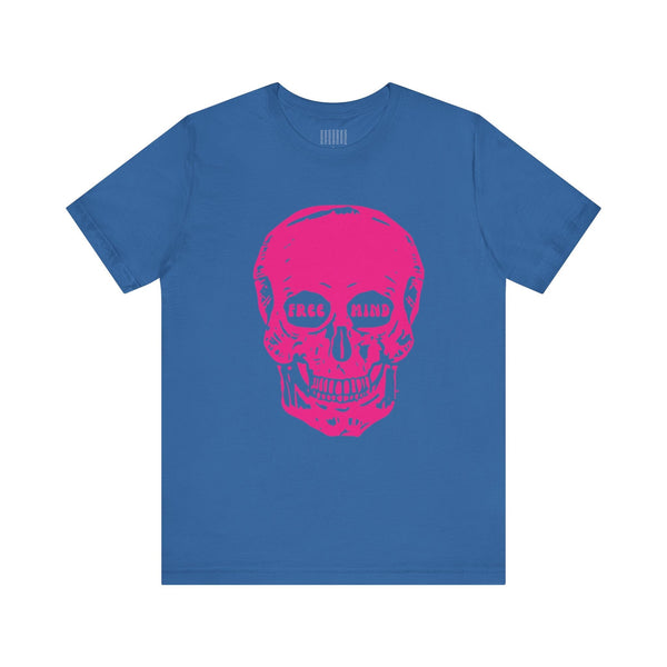 Blue festival-style t-shirt with oversized pink skull graphic and "FREE MIND" text in eye sockets