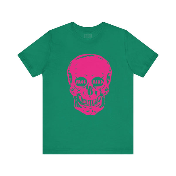 Green festival-style t-shirt with a large pink skull graphic and "FREE MIND" text in the eye sockets.