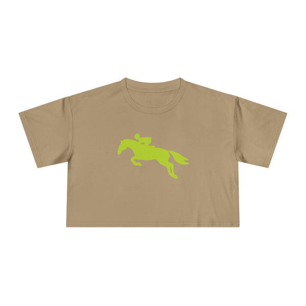 Beige cropped t shirt with bright green hunter jumper horse riding graphic
