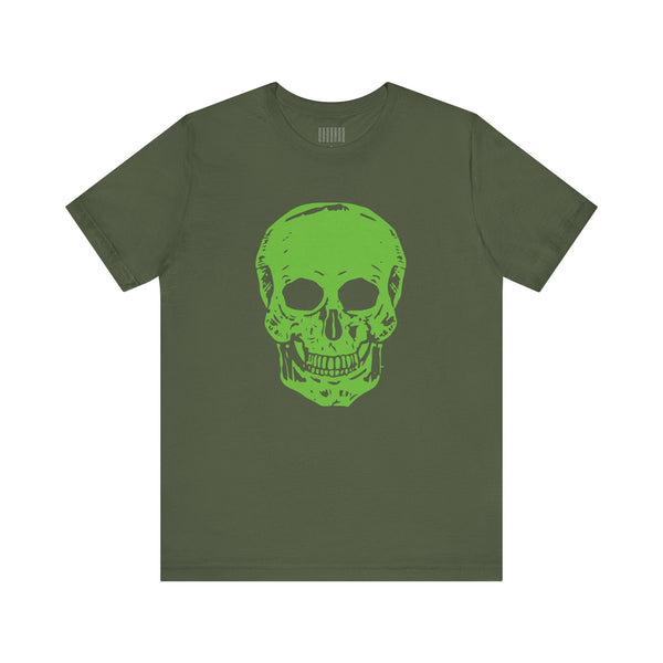 Olive green t-shirt with a bold jumbo green skull graphic print on the front.