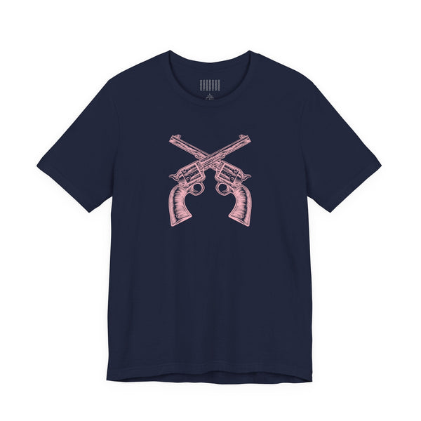 Navy outlaw t shirt with vintage-style pink crossed pistols graphic, unisex fit, soft cotton, casual and western-inspired style