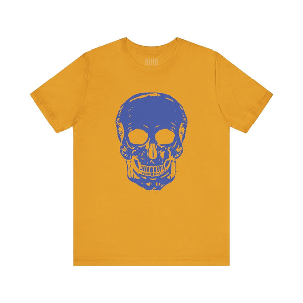 Mustard yellow skull tee with a large blue skull graphic on the front for bold streetwear style
