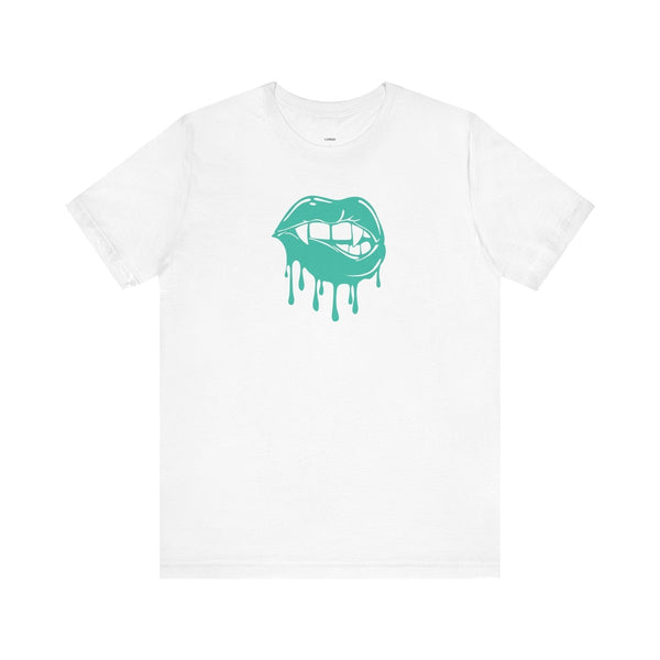 White unisex fang t shirt with aqua dripping lips graphic on front