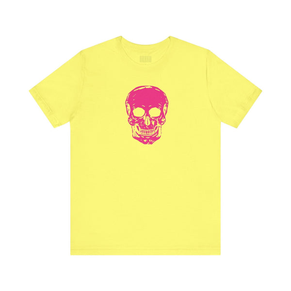 Yellow unisex short sleeve tee with a vibrant pink skull graphic on the front.
