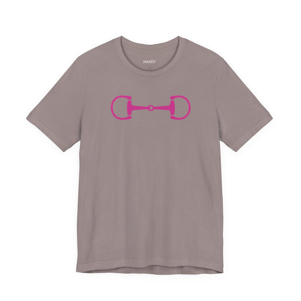 Hot pink horse bit graphic on a classic grey equestrian clothing tee