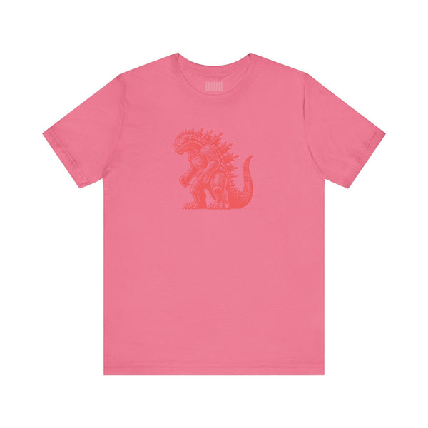 Pink kaiju t shirt featuring detailed Godzilla graphic design, made of 100% combed cotton with crew neck and ribbed collar for monster movie fans