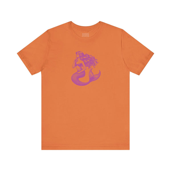 Orange unisex t-shirt with magenta mermaid graphic, myth-inspired siren design, breathable fabric mermaid t shirt