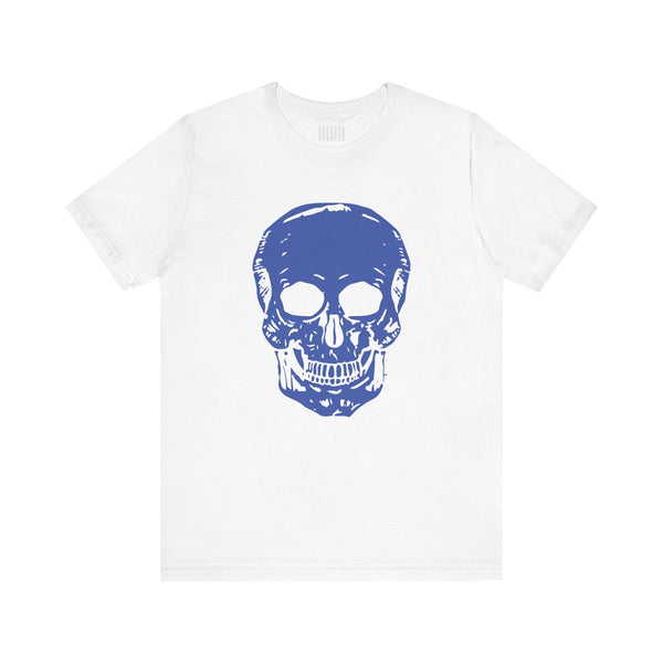 White cotton skull tee with a large blue skull graphic on the front for bold streetwear style