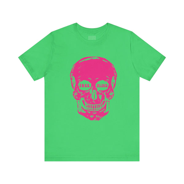 Green festival-style t-shirt with bold jumbo pink skull graphic and "FREE MIND" text in eye sockets
