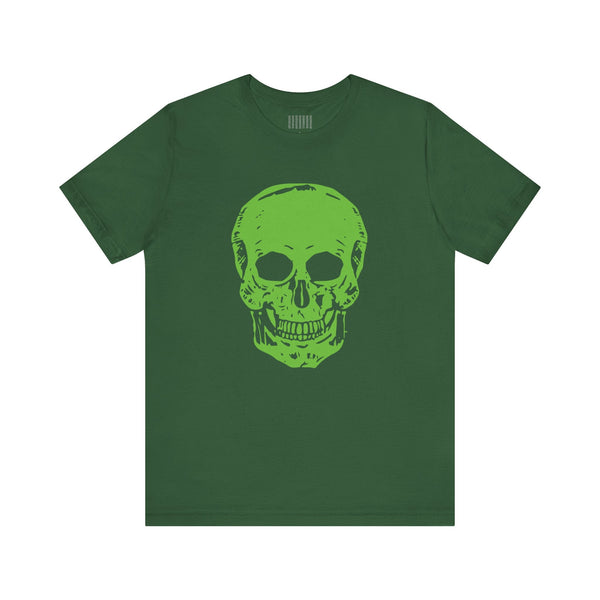 Green t-shirt with large bold green skull graphic, streetwear style cotton tee for casual wear