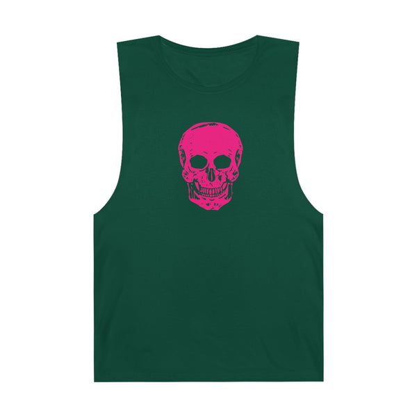 Green unisex tank top with bold pink skull graphic and raw sleeve edges, lightweight and breathable for warm weather.