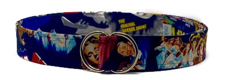 Dracula-themed belt with vintage horror movie motif in blue fabric and double metal ring buckle