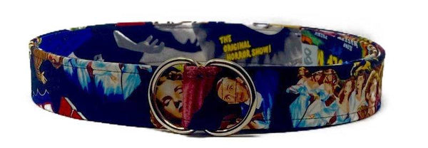 Dracula-themed belt with vintage horror movie motif in blue fabric and double metal ring buckle