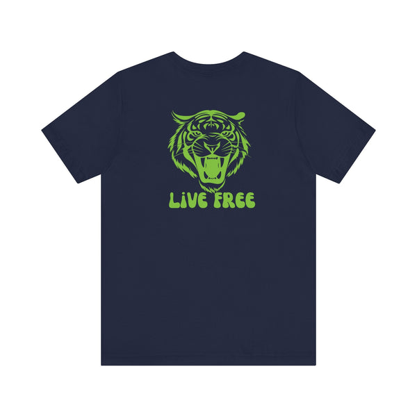 Navy tee with green vintage tiger graphic and "Live Free" text back print