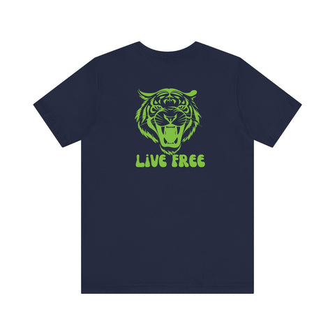 Navy tee with green vintage tiger graphic and "Live Free" text back print
