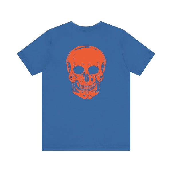 Orange Jumbo Skull Back Print featuring a Mini Orange Skull left Front Graphic Tee