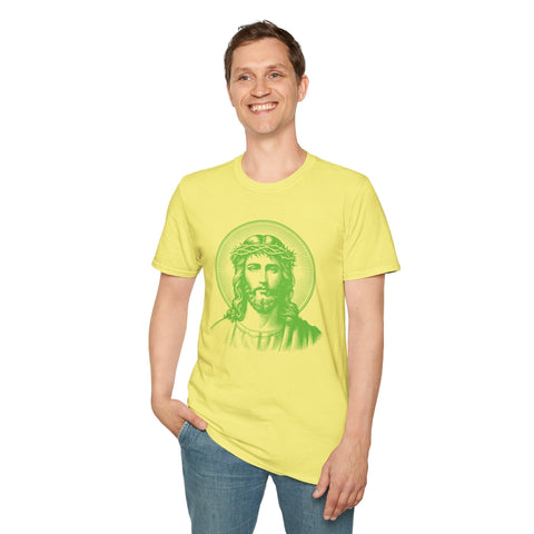 Man wearing yellow unisex softstyle t-shirt with green jumbo halo Jesus front print graphic