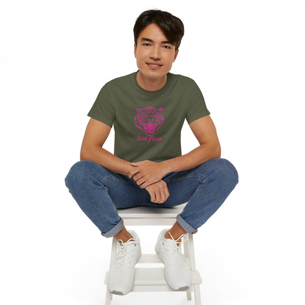 Pink “Live Free” Jumbo Retro Roaring Tiger Head Graphic Tee - Fugitive by Sandra Oles
